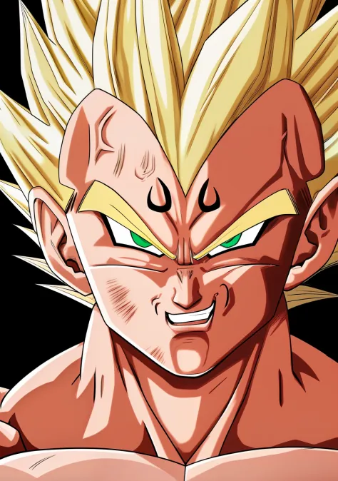 A Majin2 portrait, digital art, blonde ,blonde eyebrows,digital art, clenched fists, looking,full head,anatomically correct, (((8k resolution))) , M in front, copy of Majin Vegeta by Dragon Ball Z, 1 character  master piece,  super definition.