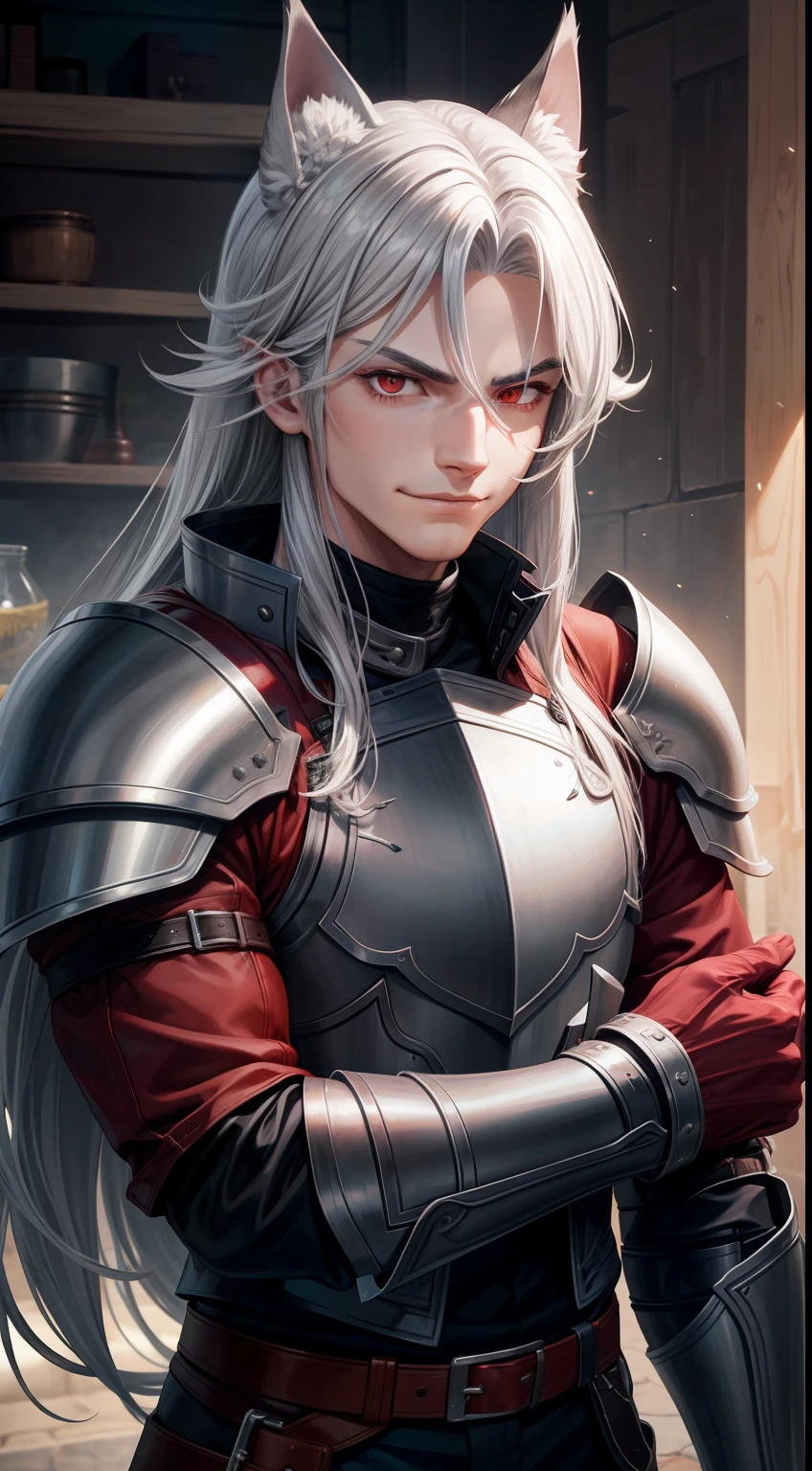 Young guy, long gray hair, red-eyes, brawn, wolf ears, leather armour, smirk, Masterpiece, hiquality