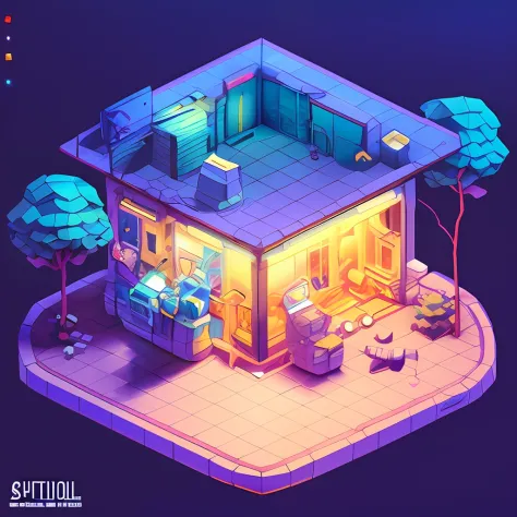 isometricfuture, anime style school, isometric cutaway, night sky,  city view, depth of field,  full-hd, rim lighting, vibrant s...