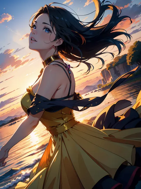 (extremely detailed and high resolution), masterpiece, beautiful colors, dynamic angle, (1 woman), expression of joy and freedom, colorful dress flowing in the wind, natural lighting, golden hour, blurred background, bokeh, landscape scenery.