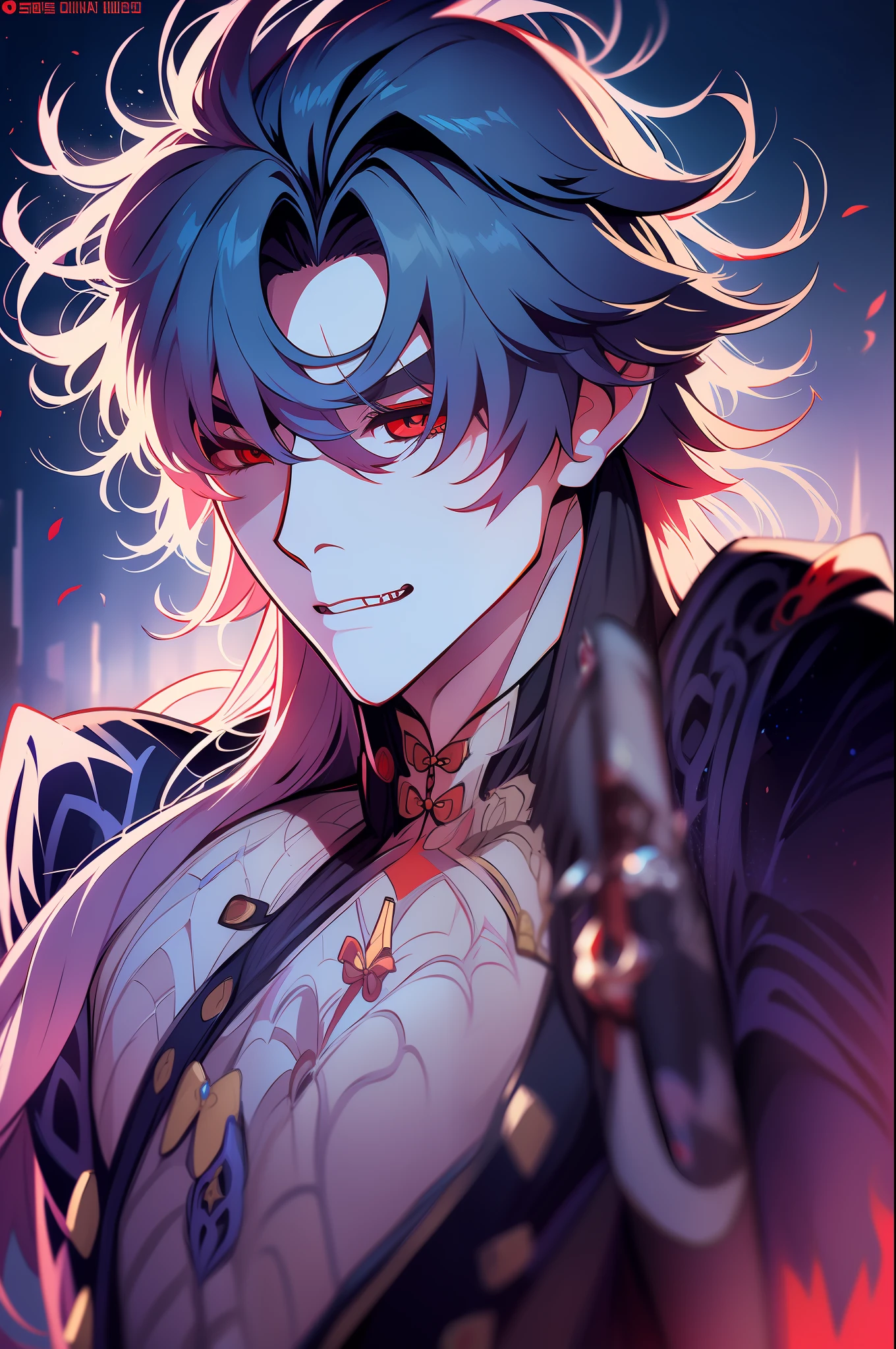 1 handsome young man, Brutal, 独奏, body complet, Full-length, in full height, hairlong, , looking a viewer, blusher, Loving and crazy look, red-eyes, Very detailed pupils, Blade ( Honkai: Star Railway ), The background is dark in Chinese style, macabre