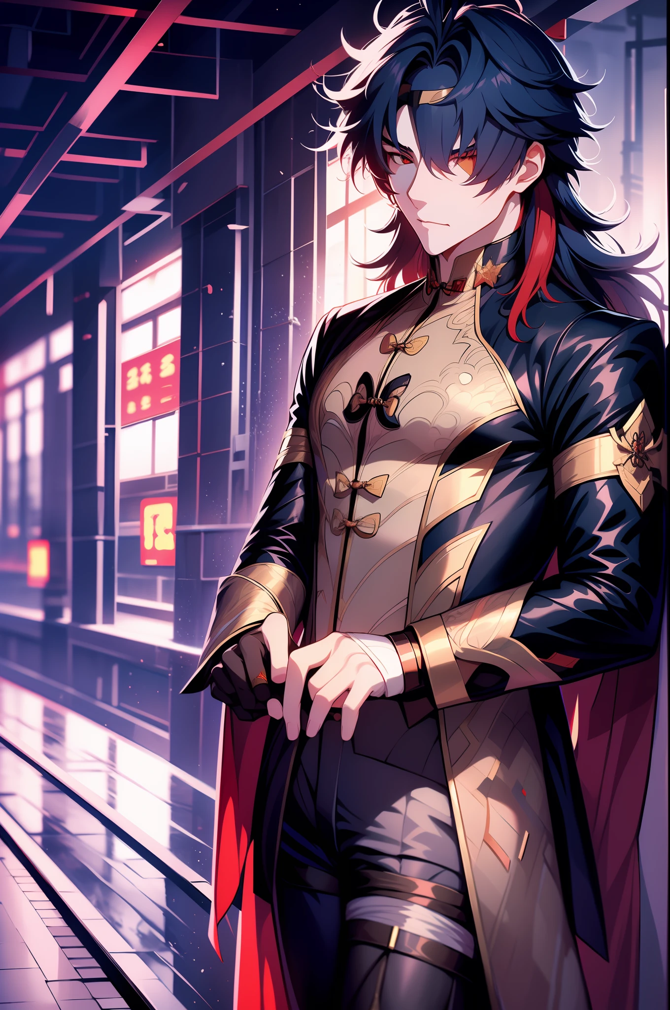 1 handsome young man, Brutal, 独奏, body complet, Full-length, in full height, hairlong, , looking a viewer, blusher, Loving and crazy look, red-eyes, Very detailed pupils, Blade ( Honkai: Star Railway ), The background is dark in Chinese style, macabre