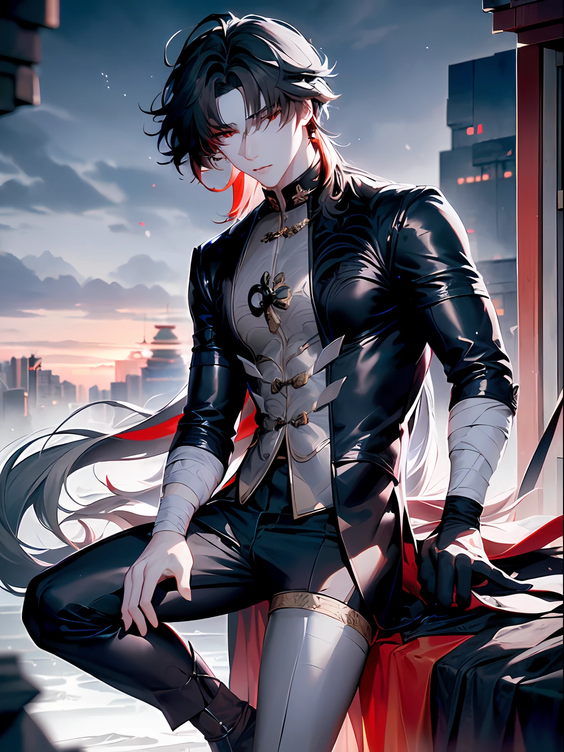 1boy, (独奏:1.2), ((Masterpiece)), pale skin, ((A detailed eye)), (bokeh effect), (Dynamic Angle), (dynamicpose), black hair, Long hair, black undershirt, exterior. Bandages, (red eyes), (gray pants:1.4), mountains