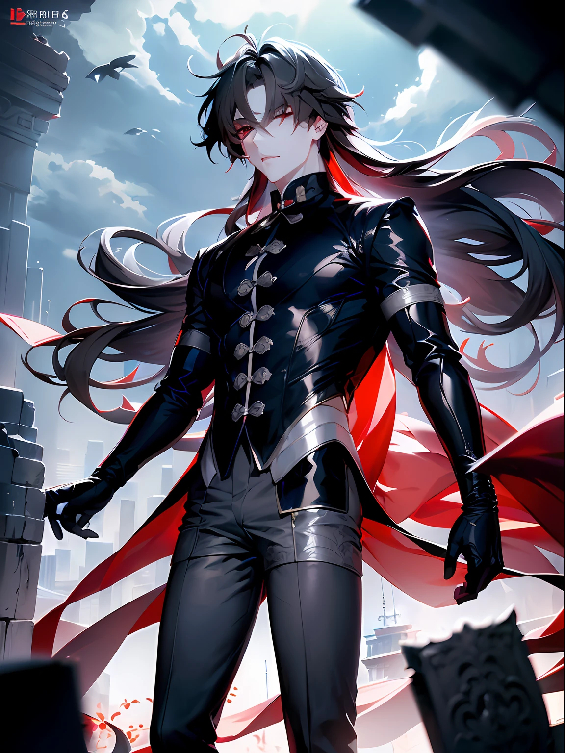 1boy, (独奏:1.2), ((Masterpiece)), pale skin, ((A detailed eye)), (bokeh effect), (Dynamic Angle), (dynamicpose), black hair, Long hair, black undershirt, exterior. Bandages, (red eyes), (gray pants:1.4), mountains