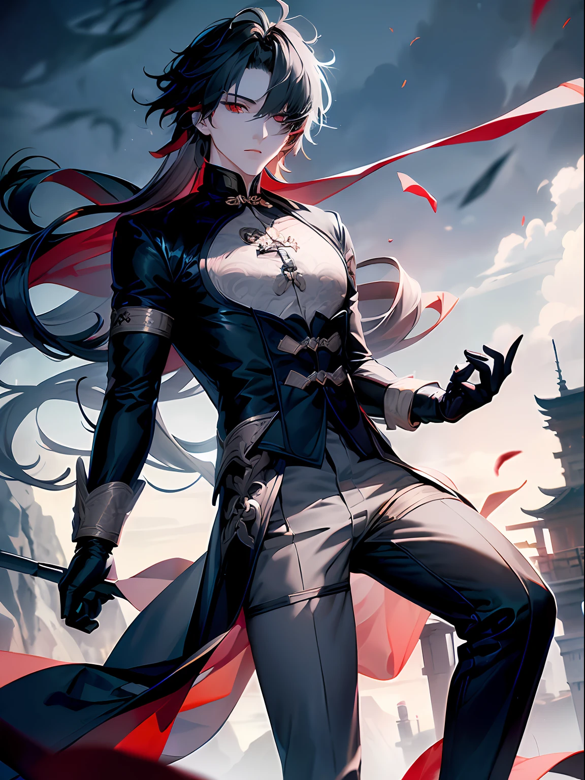 1boy, (独奏:1.2), ((Masterpiece)), pale skin, ((A detailed eye)), (bokeh effect), (Dynamic Angle), (dynamicpose), black hair, Long hair, black undershirt, exterior. Bandages, (red eyes), (gray pants:1.4), mountains