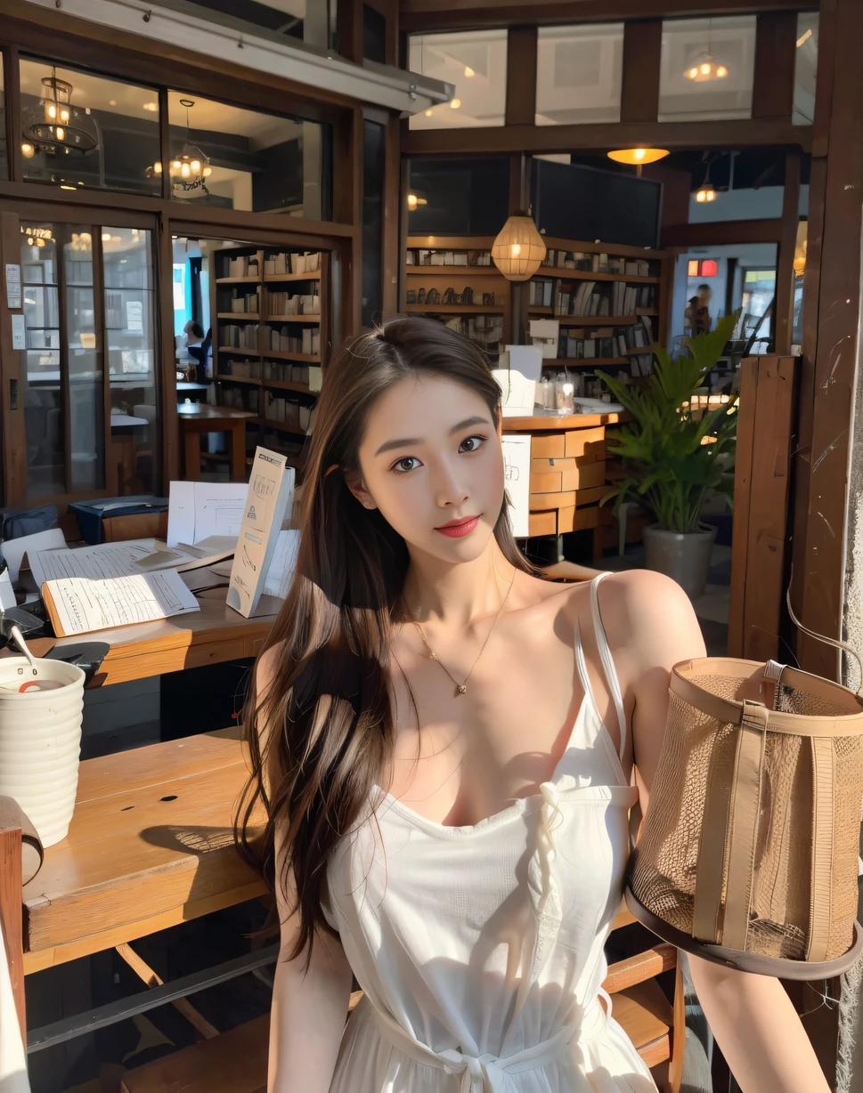 ，Masterpiece, Best quality，8k, Ultra-high resolution，Reallightandshadow，(Beautiful eyes looking into the camera:1.2)，Beautuful Women，Summer clothing，libraryai