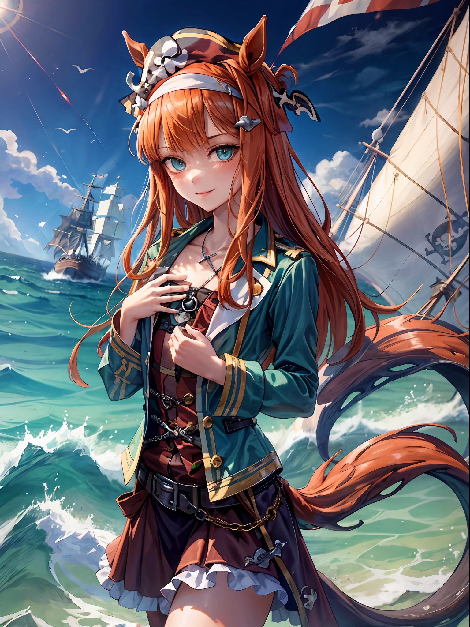 topquality, Horse Girl, Quiet Suzuka, ((Uma Musume))), Perfect skin, realisic skin, Detail Skin, 8K, (tail on the lower back), super detaill, Photo sharpness, RAW photo, ((Pirate costume)), ((Pirate Hat)), Black 1 eye patch, Smile and confident look, A girl is standing on a ship, Pirate Ship, ocean, blue skies, (little chest:1.4), Nearby is a chest filled with gold;:1.2