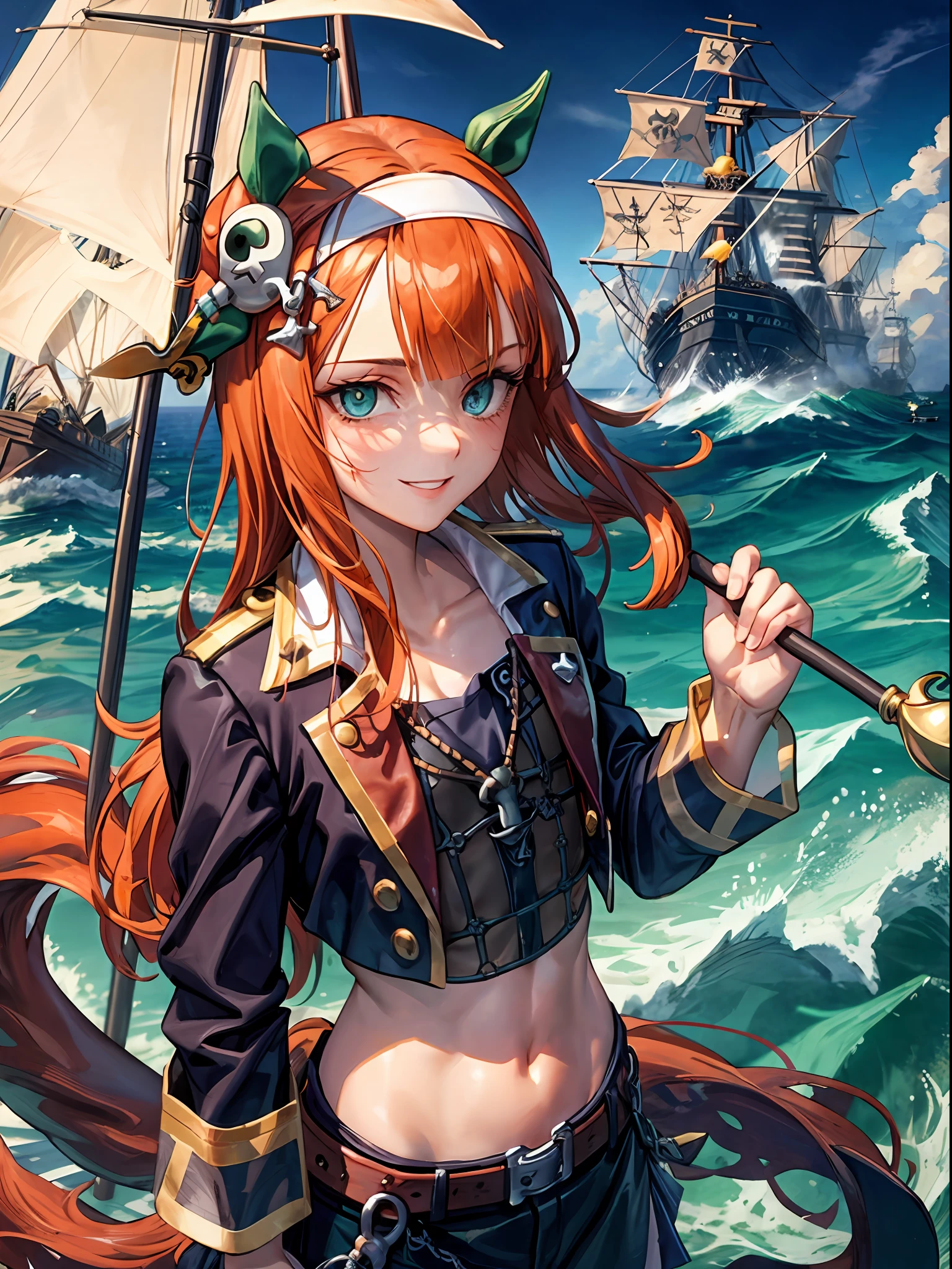 qualidade máxima, garota cavalo, Suzuka tranquila, ((Uma Musume))), Pele perfeita, pele realista, detalhe da pele, 8K, (cauda na parte inferior das costas), super detalhado, Nitidez da foto, Foto CRU, ((Fantasia de pirata)), ((Chapéu Pirata)), Tapa-olho preto 1, Sorriso e olhar confiante, Uma garota está em um navio, navio pirata, oceano, Céus azuis, (pequeno baú:1.4), Perto está um baú cheio de ouro;:1.2