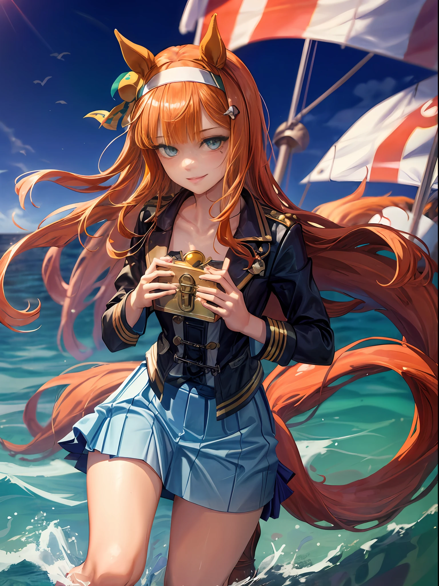 topquality, Horse Girl, Quiet Suzuka, ((Uma Musume))), Perfect skin, realisic skin, Detail Skin, 8K, (tail on the lower back), super detaill, Photo sharpness, RAW photo, (Pirate costume), (Pirate Hat), Intricate clothing, Black 1 eye patch, Smile and confident look, Girl on the ship, Pirate Ship, a mast, ocean, blue skies, (little chest:1.4), (beautiful half-open breasts), The girl is on her knees - her hands are holding on to her waist, (((short skirt:1.5))), (((next to the treasure chest)))