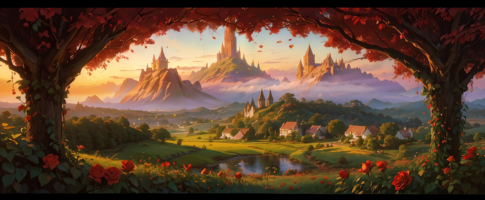 There is an image of a village at distance with red roses in the foreground, Disney art, Beautiful, magical field, small cottage village, enchanted rainforest background, disney concept art, fairy tale art, fairy tale painting, golden frame with red roses, Fantasy, Greg Hildebrandt highly detailed, fantasy Victorian artwork, beautiful rendering of a fairytale