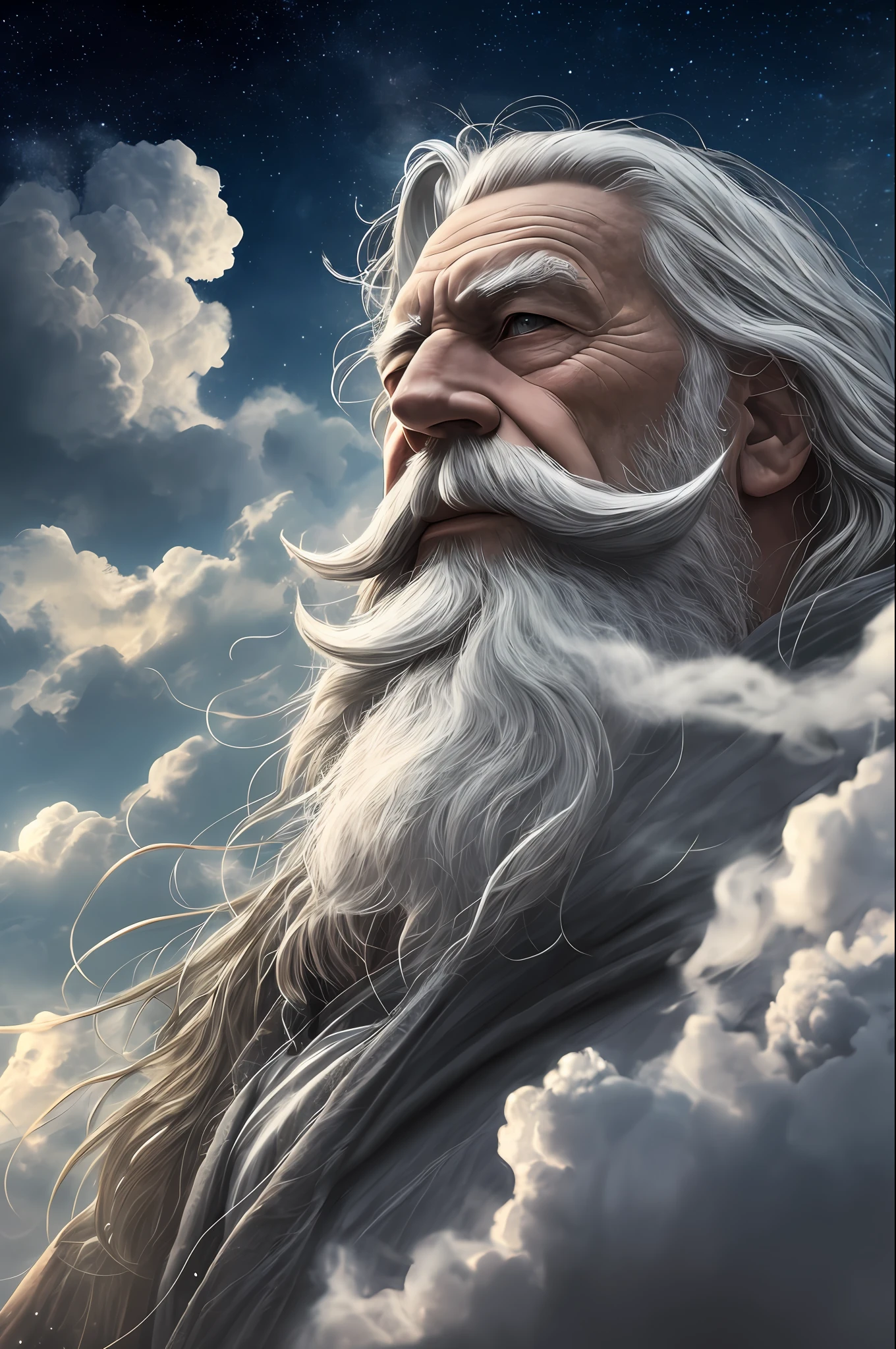 一位留著灰色鬍鬚的老巫師, 一個咒語, 周圍的精神, 動態姿勢, 風, 抽烟, 火花, 雲層之上的星星, 超現實主義, 超级逼真, 電影般的, 柔和的顏色, 幻想宇宙背景--auto--s2