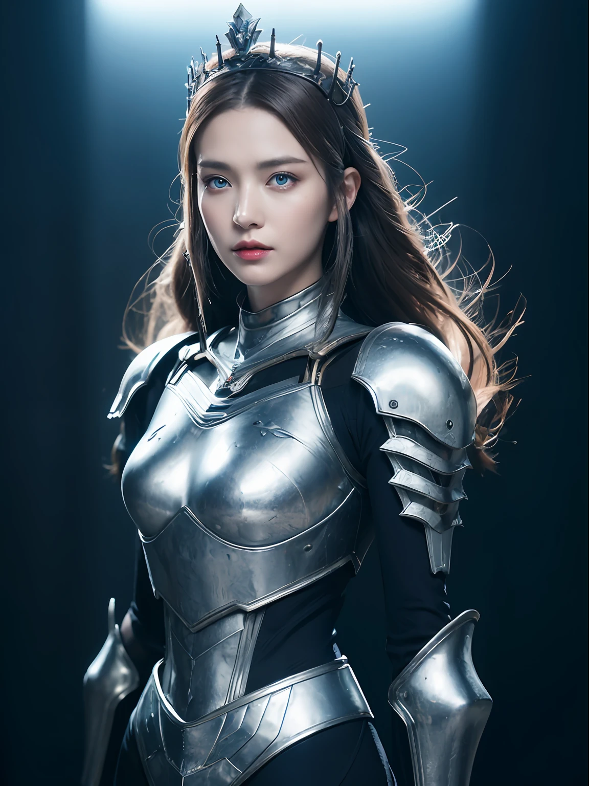 Masterpiece, Best quality, high resolution, 8K, Portrait, Realistic photo,（ Combine clothing with Korean fashion design），Digital photography, full bodyesbian, 1 16-year-old girl, (Cyborg), Beautiful blue-gray gradient long hair, Blue eyes, Intricate, elegant, Highly detailed, The crown of evil, Black dress, ,Silver metal exoskeleton armor, Intricate knightly hollow armor,power armour, Openwork design, mechanical structure, Photo pose, Solemn,, Red lips, From the movie《Final Fantasy XV》.Metallic texture, oc rendered，Reflective texture, ((Clothing cutting)), ((Set against the backdrop of the castle and the giant Moster))