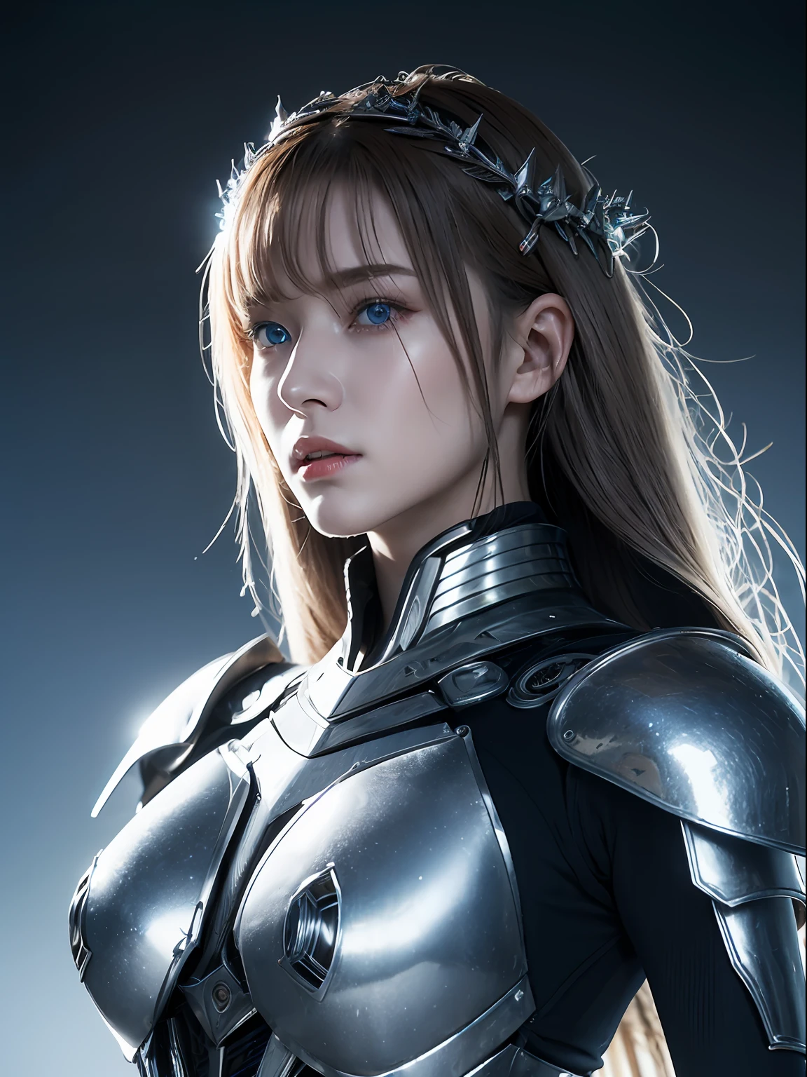 Masterpiece, Best quality, high resolution, 8K, Portrait, Realistic photo,（ Combine clothing with Korean fashion design），Digital photography, full bodyesbian, 1 16-year-old girl, (Cyborg), Beautiful blue-gray gradient long hair, Blue eyes, Intricate, elegant, Highly detailed, The crown of evil, Black dress, ,Silver metal exoskeleton armor, Intricate knightly hollow armor,power armour, Openwork design, mechanical structure, Photo pose, Solemn,, Red lips, From the movie《Final Fantasy XV》.Metallic texture, oc rendered，Reflective texture, ((Clothing cutting)), ((Set against the backdrop of the castle and the giant Moster))