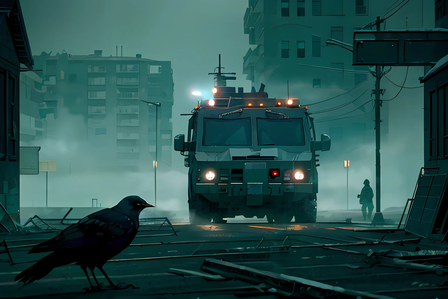 analog gloomy photo of a SWAT armored car,  ((zombie apocalypse:0.6)), ((surrounded by crows:1.0)), (living dead), (winter), (snow), (horror movie), ((nighttime)), a deserted city, ruins, abandoned buildings, High Detail, Sharp focus, (photorealism), realistic, best quality, 8k, award winning, dramatic lighting, epic, cinematic, masterpiece, rim light, ambient fog:1.3, dutch angle, depth of field,