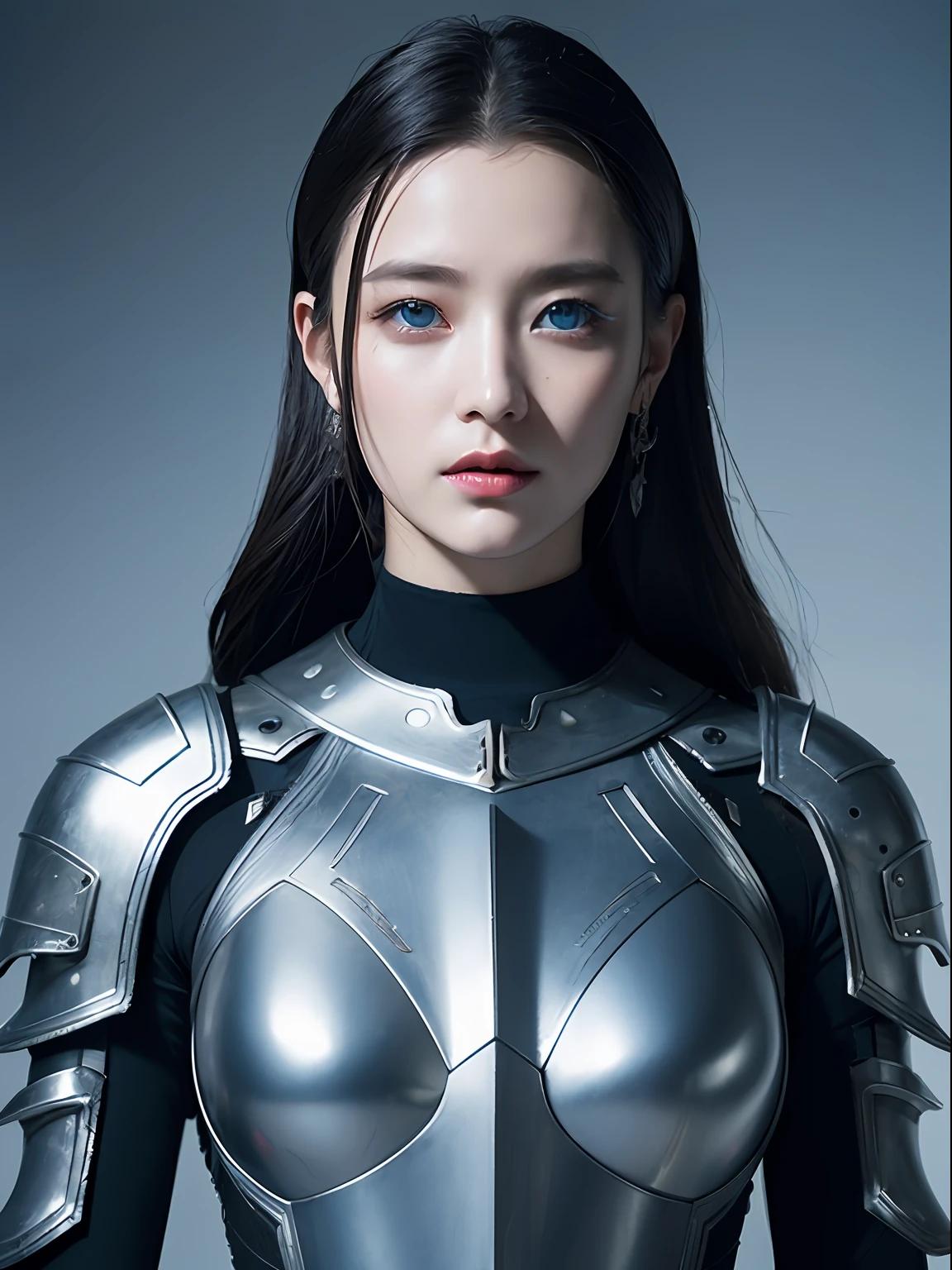 Meisterwerk, beste Qualität, Hohe Auflösung, 8K, Porträt, Realistisches Foto,（ Kombinieren Sie Kleidung mit koreanischem Modedesign），Digitale Fotografie, Ganzkörperesbian, 1 1 Mädchen, (Cyborg), Schönes langes Haar mit blau-grauem Farbverlauf, blaue Augen, kompliziert, elegant, sehr detailliert, Die Krone des Bösen, Schwarzes Kleid, ,silberne Exoskelett-Rüstung aus Metall, kompliziert knightly hollow armor,Servorüstung, durchbrochenes Design, Mechanische Struktur, Fotopose, feierlich,, rote Lippen, Aus dem Film《Final Fantasy XV》.Metallische Textur, oc gerendert，Reflektierende Textur, ((Zuschneiden von Kleidung)), ((Vor der Kulisse des Schlosses und des riesigen Moster))