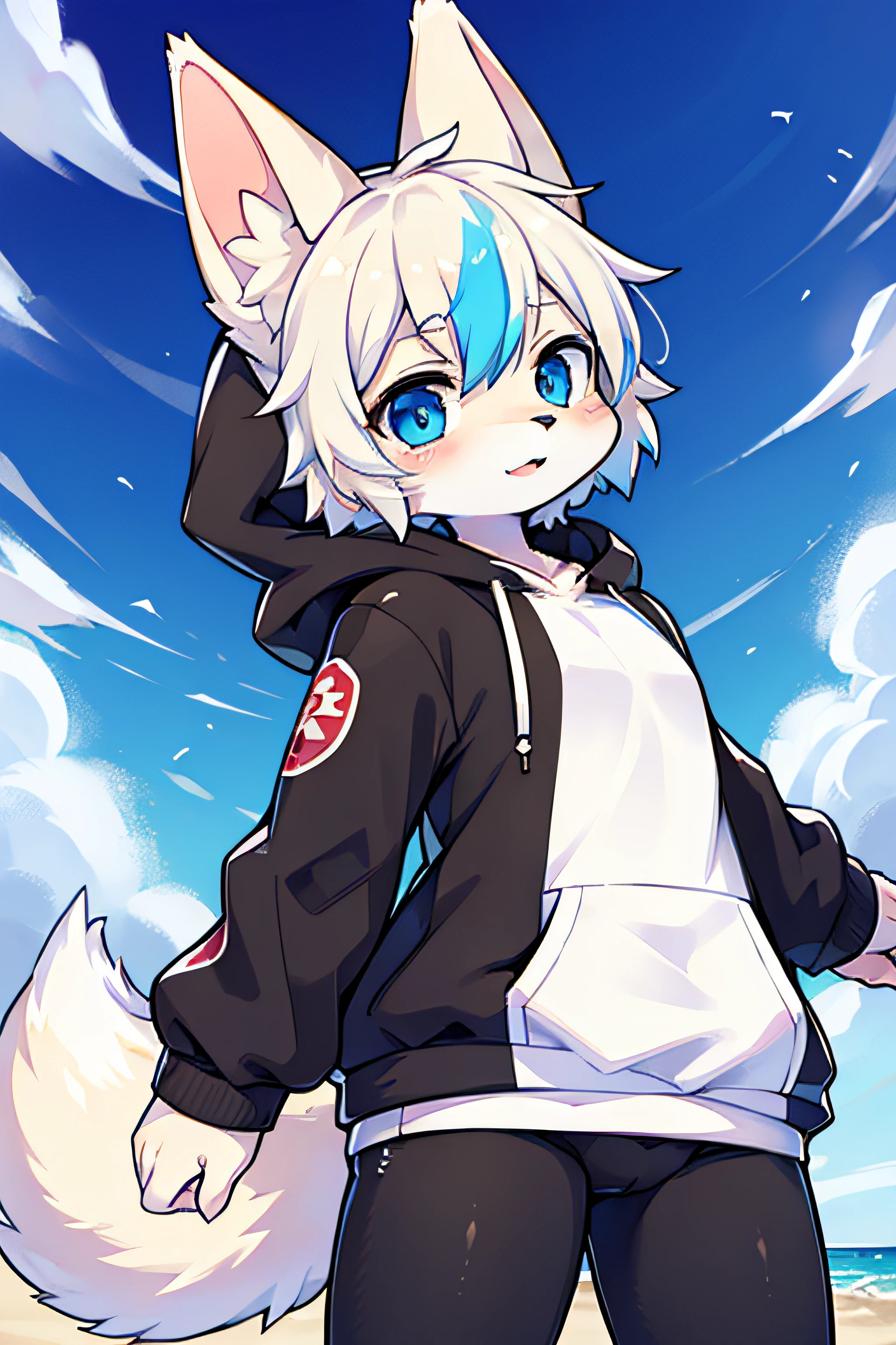 (coffeesoda:1.1), hioshiru, fox, femboy, sky blue eyes, multicolored fur, white fur, dark brown fur, black fur, wearing a hoodie, solo