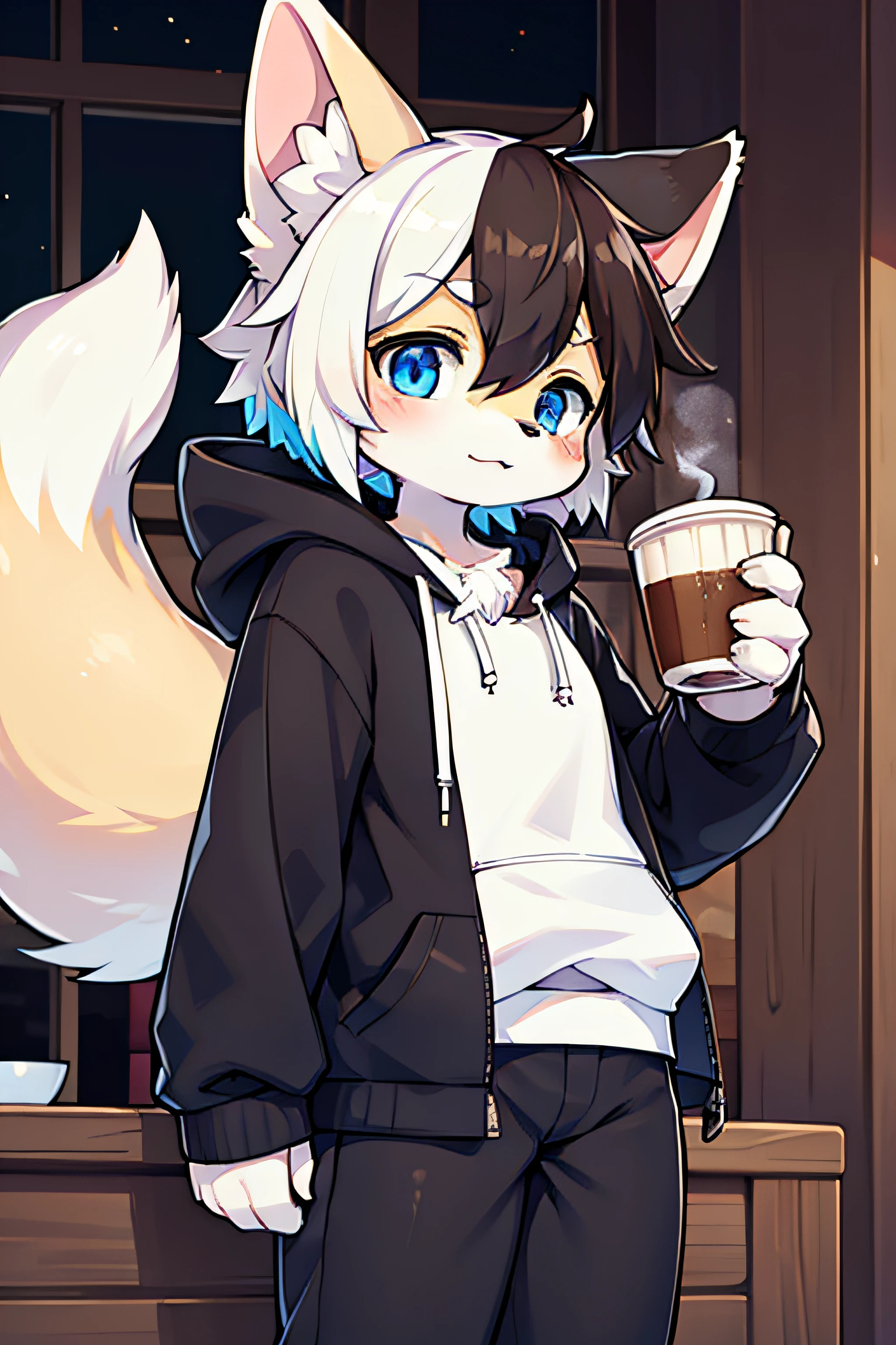 (coffeesoda:1.1), hioshiru, fox, femboy, sky blue eyes, multicolored fur, white fur, dark brown fur, black fur, wearing a hoodie, solo