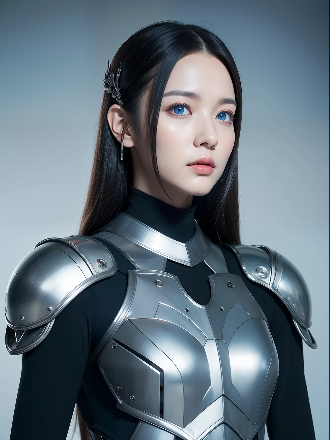 Masterpiece, Best quality, high resolution, 8K, Portrait, Realistic photo,（ Combine clothing with Korean fashion design），Digital photography, full bodyesbian, 1 16-year-old girl, (Cyborg), Beautiful blue-gray gradient long hair, Blue eyes, Intricate, elegant, Highly detailed, The crown of evil, Black dress, ,Silver metal exoskeleton armor, Intricate knightly hollow armor,power armour, Openwork design, mechanical structure, Photo pose, Solemn,, Red lips, From the movie《Final Fantasy XV》.Metallic texture, oc rendered，Reflective texture, ((Clothing cutting)), ((Set against the backdrop of the castle and the huge Moster))