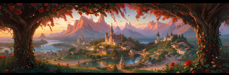 there is an image of a village in the distance with red roses in the foreground, arte disney, beautiful, magic field, vila casei...