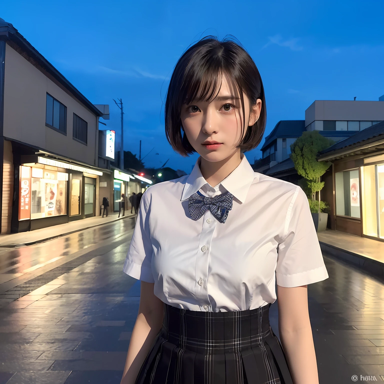 (8k, RAW photo, best quality, masterpiece:1.2), (realistic, photo-realistic:1.37), ultra-detailed, 1 girl,cute, solo,beautiful detailed sky,detailed tokyo street,night, medium breasts,beautiful detailed eyes,(collared shirt:1.1), bowtie,pleated skirt,(short hair:1.2),floating hair,short hai,