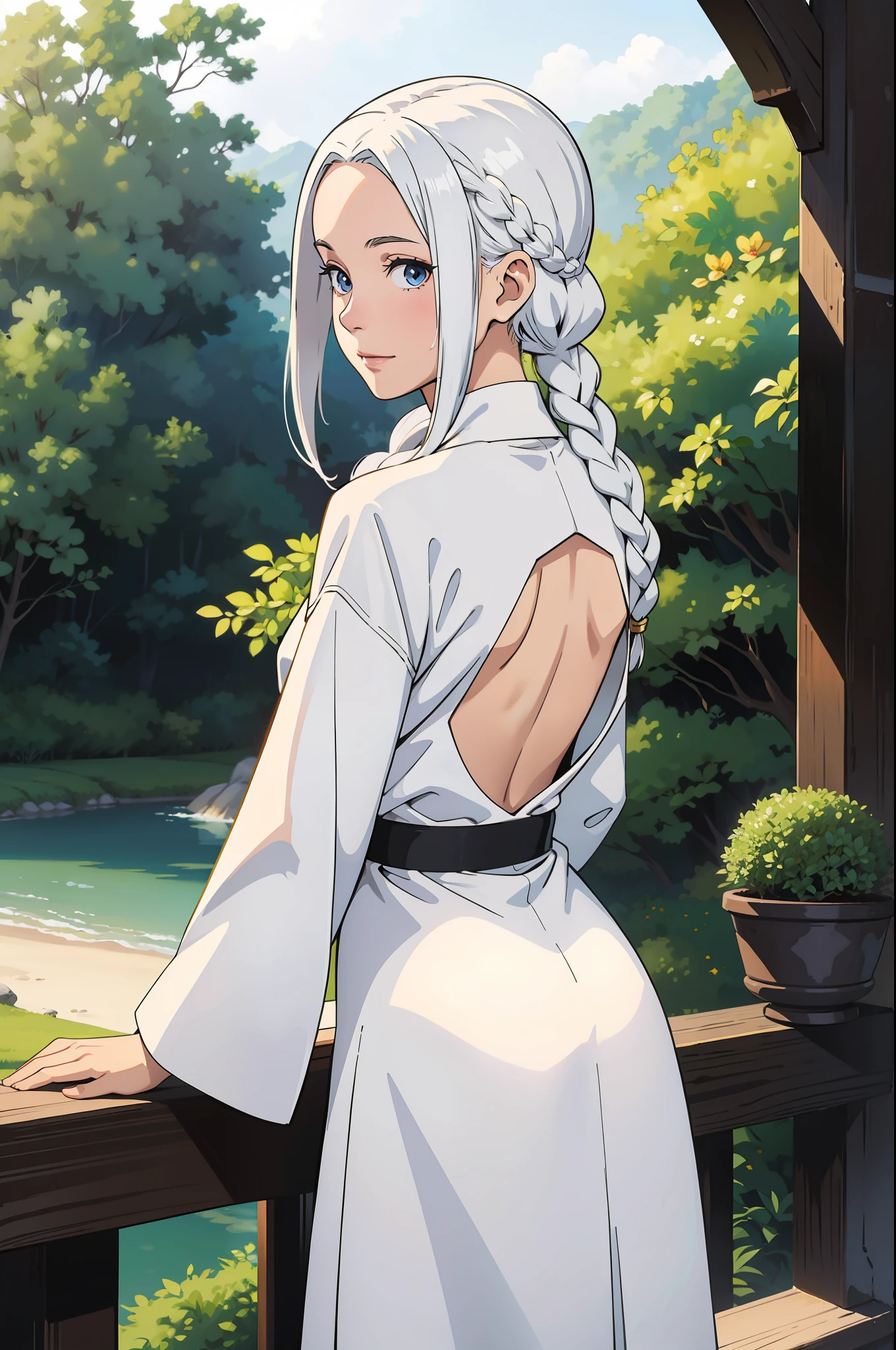 A white-haired woman（Fantasy character design，on  back，），Need,tmasterpiece,anime character reference sheet,white  clothes,，back of head，full bodyesbian,Hairline,Fair skin,SideBraid，big trees，back，ssmile， tmasterpiece， 8K， A high resolution， Highest texture， With his back to the camera，Complementary backgrounds --v6