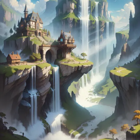 Fantasy world　dream　cyberpunked　in isekai　A magnificent view of nature　SF Top Quality　Beautiful world　​masterpiece　超A high resolution　Detailed landscapes　huge waterfall