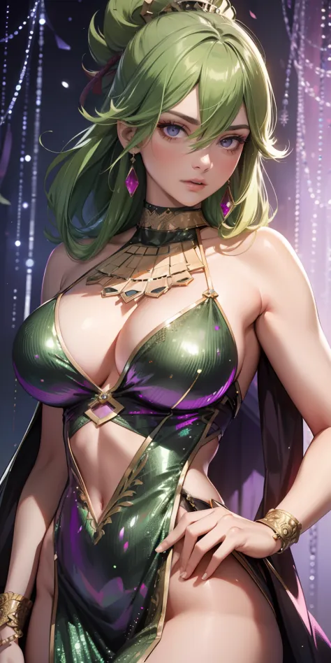 Best quality, masterpiece, realistic, Beautiful sexy cool tall, slim, fit woman, wearing fancy silver-green sequin party dress, intricate and highly detailed, cleavage, body chain, jewelry.