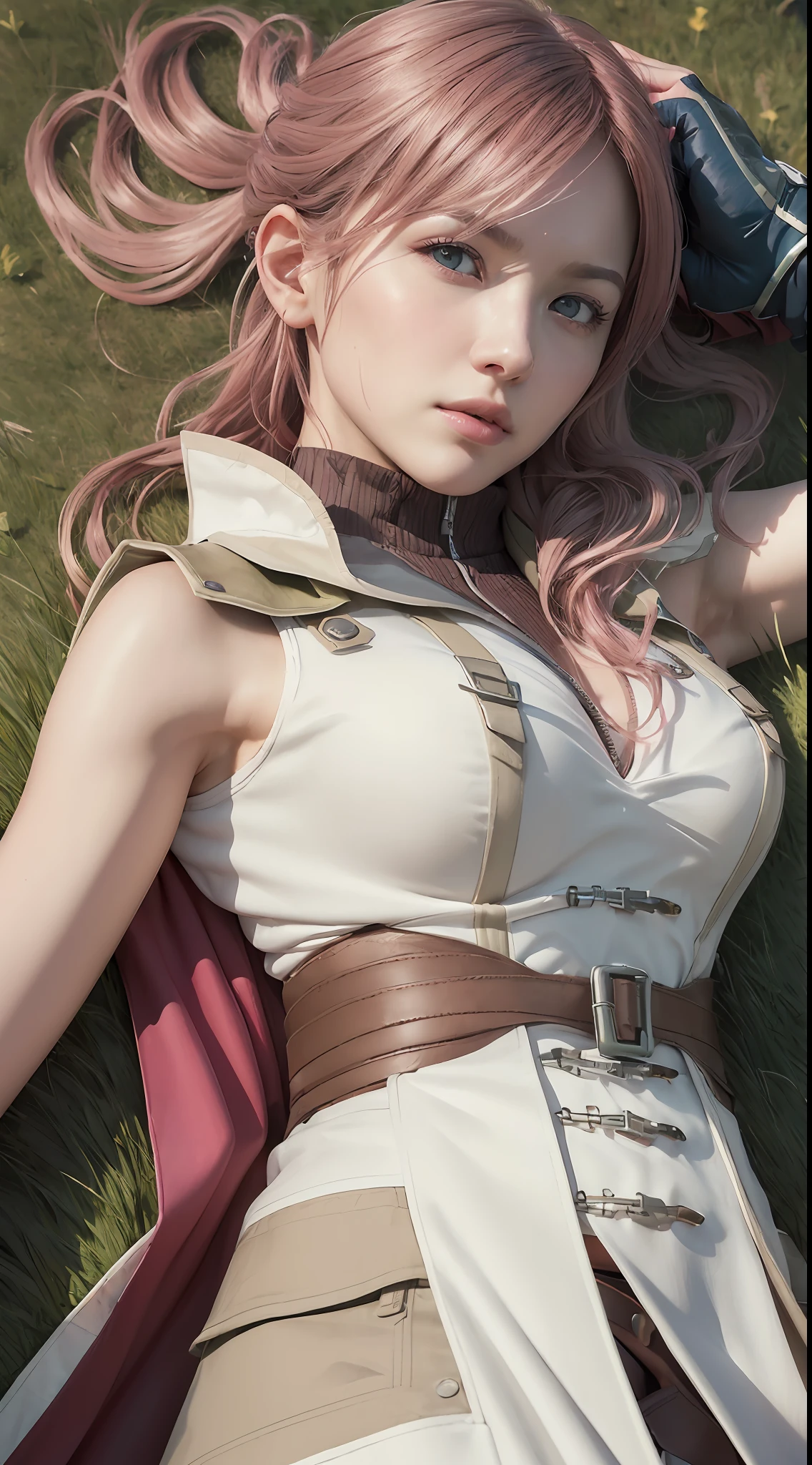 (masterpiece, best quality:1.4), (full body:1.2), (lie down on back:1.5), (from up:1.5), (1girl, solo:1.5), (european youth:1), lightning farron, sleeveless, shoulder armor, cape, skirt, fingerless gloves, looking at viewer, (soft pink hair:0.5), (erotic smile), (erotic pose:1.2), beautiful face, highly detailed face, highly detailed skin, skin pores, (lie down on the grass:1.5), subsurface scattering, realistic pupils, medium breast, full face blush, full lips, detailed background, depth of field, volumetric lighting, sharp focus, absurdres, realistic proportions, good anatomy, (realistic, hyperrealistic:1.4), 16k hdr,