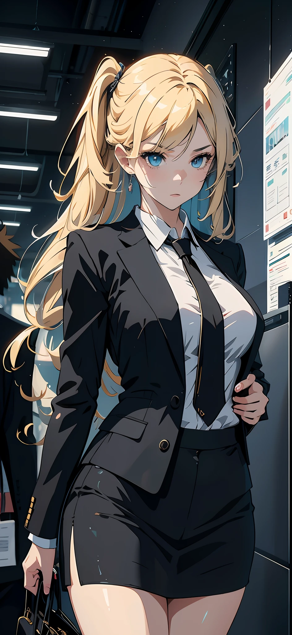 1girl, solo anime 2.5D - style image of a woman in a black short skirt and business suit, a hyperrealistic woman, digital anime illustration, office clothes, office lady, seductive anime girl, digital anime art, hyperrealistic details, detailed digital anime art, realistic texture, blonde twin tail. 4 k, school girl, any digital art on pixiv (detailed CG)