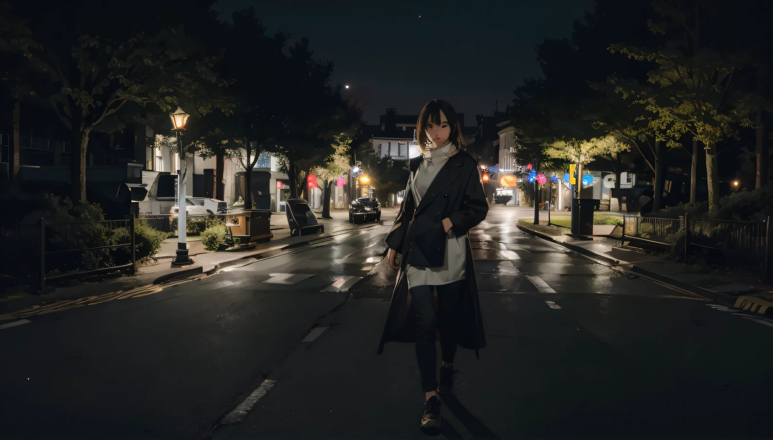 At night there was a woman standing on the street, in a japanese town at night, shot with canon eoa 6 d mark ii, which stands on the street, in a street at night, which stands on the street, Shot on Sony A 7 III, taken with canon eos 5 d mark iv, which stands on the street, standing on a city street, forest city streets behind her