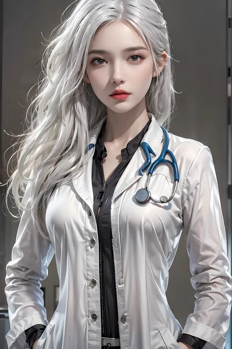 photorealistic, high resolution, 1 women, solo, hips up, look at viewer, (detailed face), white hair, Long Hair, doctor outfit