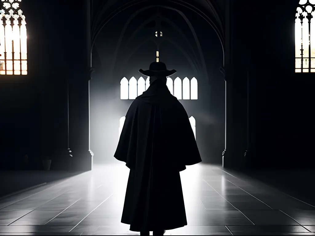 a  plague doctor in an medieval cathedral,   occult, dark theme, volumetric light, natural light, eyes hidden, dark lighting, gl...