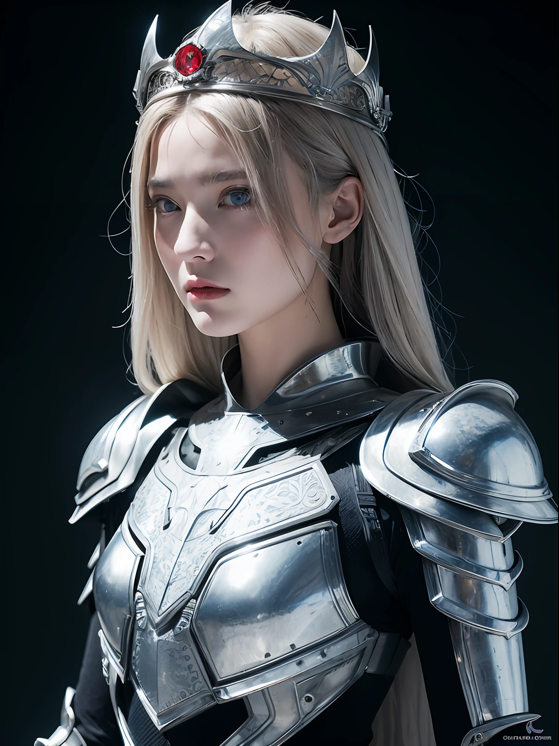 Masterpiece, Best quality, high resolution, 8K, Portrait, Realistic photo,（ Combine clothing with Korean fashion design），Digital photography, full bodyesbian, 1 16-year-old girl, (Cyborg), Beautiful blue-gray gradient long hair, Blue eyes, Intricate, elegant, Highly detailed, The crown of evil, Black dress, ,Silver metal exoskeleton armor, Intricate knightly hollow armor,power armour, Openwork design, mechanical structure, Photo pose, Solemn,, Red lips, .Metallic texture, oc rendered，Reflective texture, ((Clothing cutting)), ((Set against the backdrop of the castle and the giant Moster))