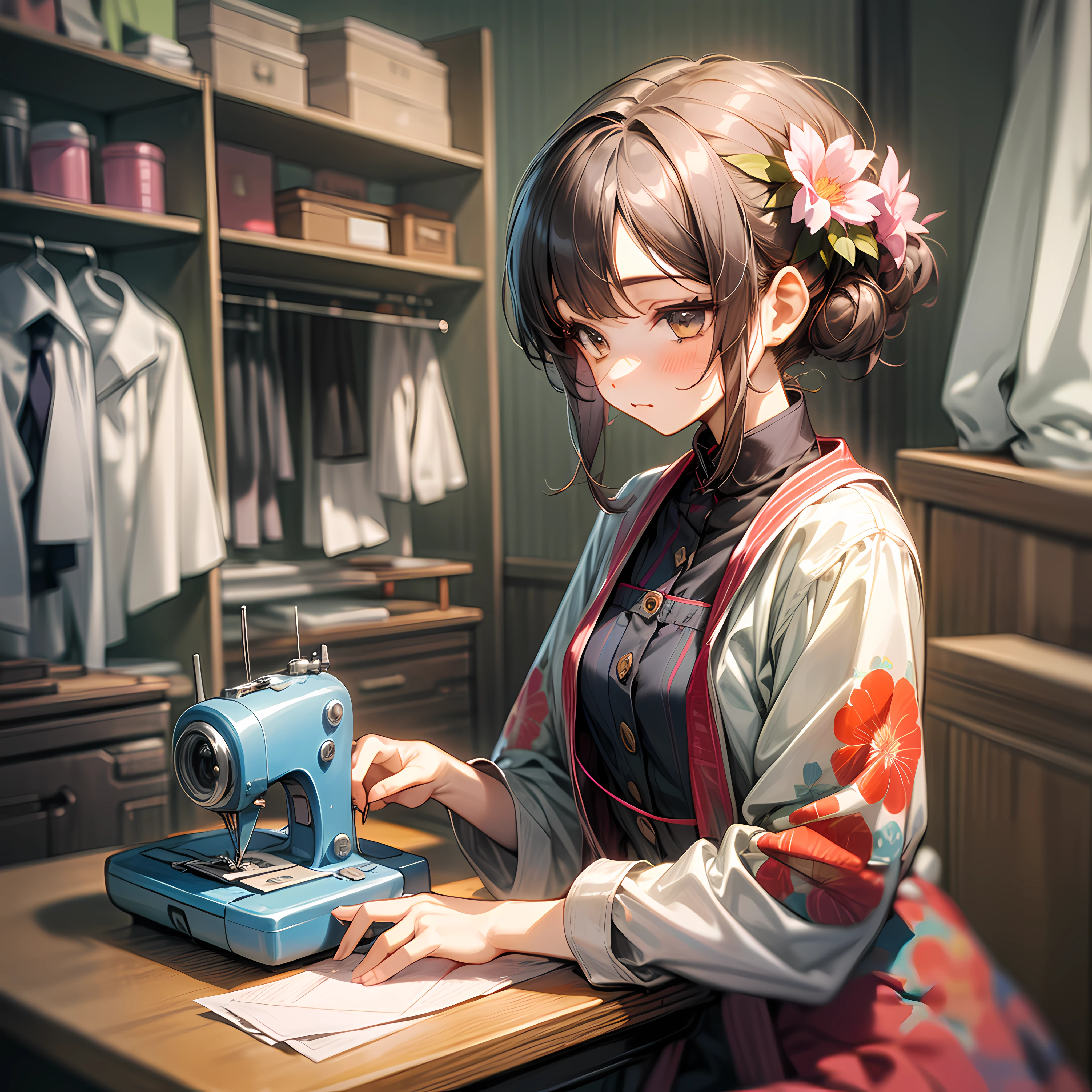 1 girl, Messy,Background,  Cute,  In a room,Niji style ,flower, Bibo Zi Eye,sewing machine,The clothes ar,croped,wardrobe,Tailor,clothing design