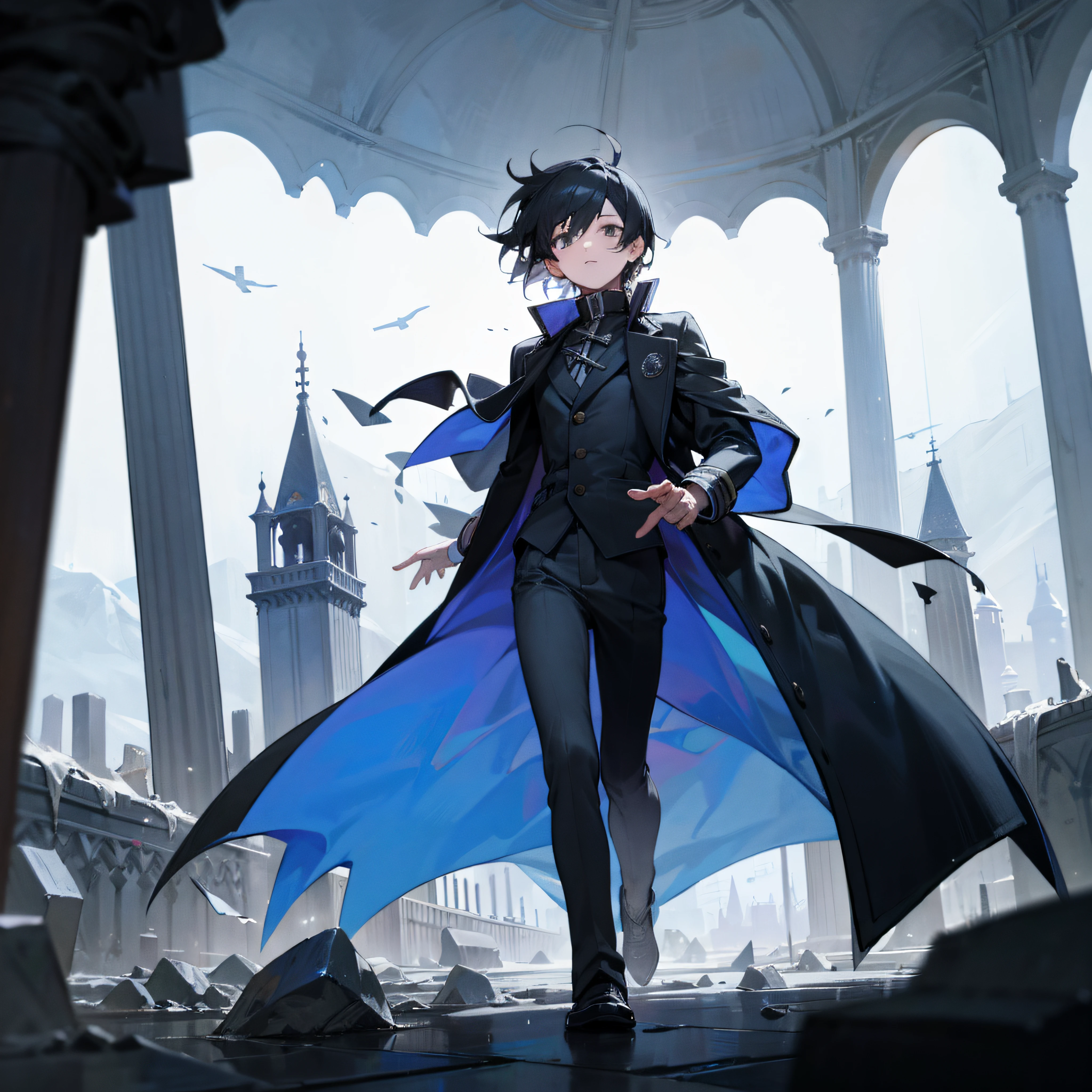 In the strange stone tower, a boy, black hair, messy hair, blue coat, walking