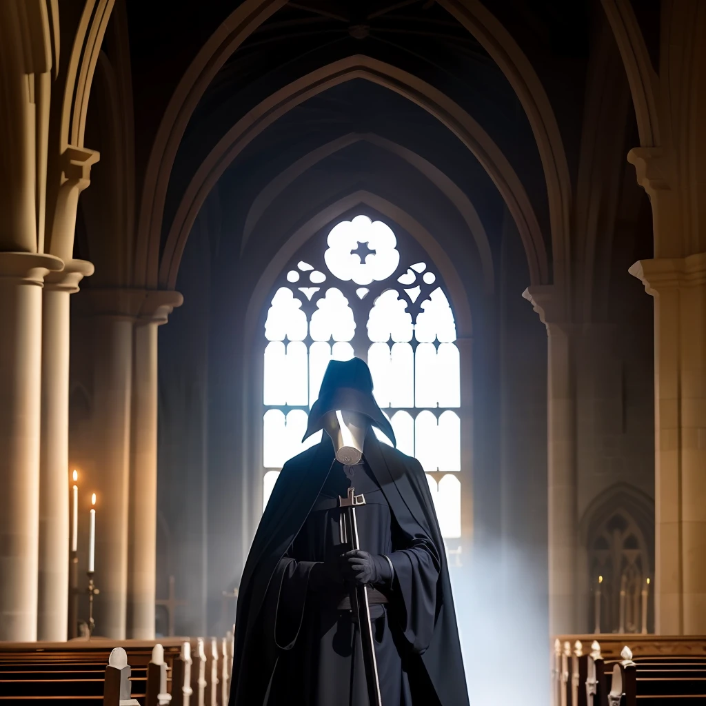 A  plague doctor in an medieval cathedral,   occult, dark theme, volumetric light, natural light, eyes hidden, dark lighting, gloomy