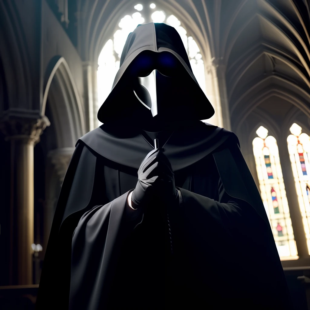 A  plague doctor in an medieval cathedral,   occult, dark theme, volumetric light, natural light, eyes hidden, dark lighting, gloomy