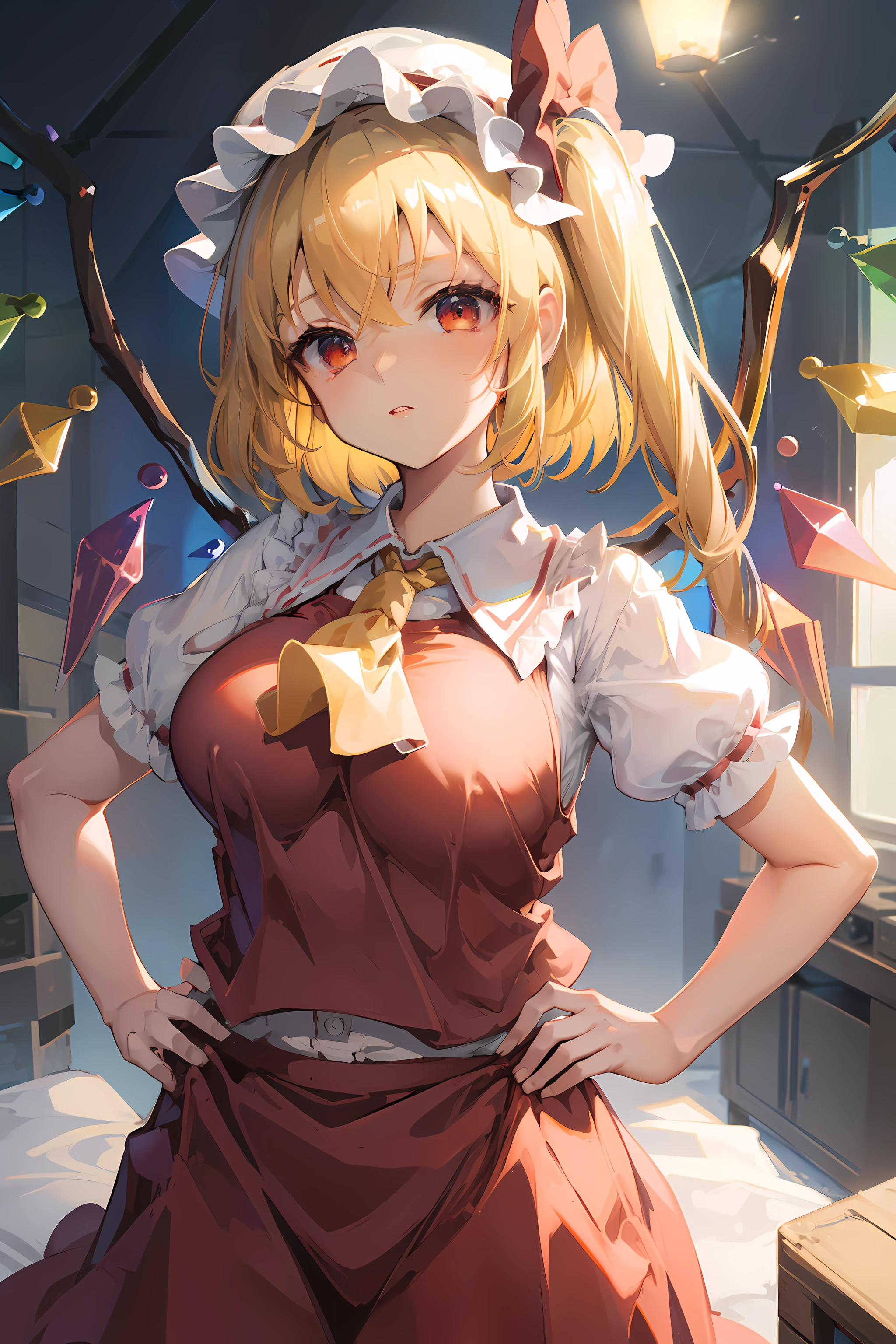 (masterpiece),best quality, expressive eyes, perfect face, 1girl,
big breast, H-cup, good breast, beautiful, gorgeous,anime,girl,lora, floating clothes, tent chest ,
hands on waist, hands on hips, nipple visible  though clothes,flandre scarlet,
1girl,blonde hair,mob cap,hair bow,bowtie,side ponytail,wings,short sleeves,vest,ascot,1wings,1 pair of wings