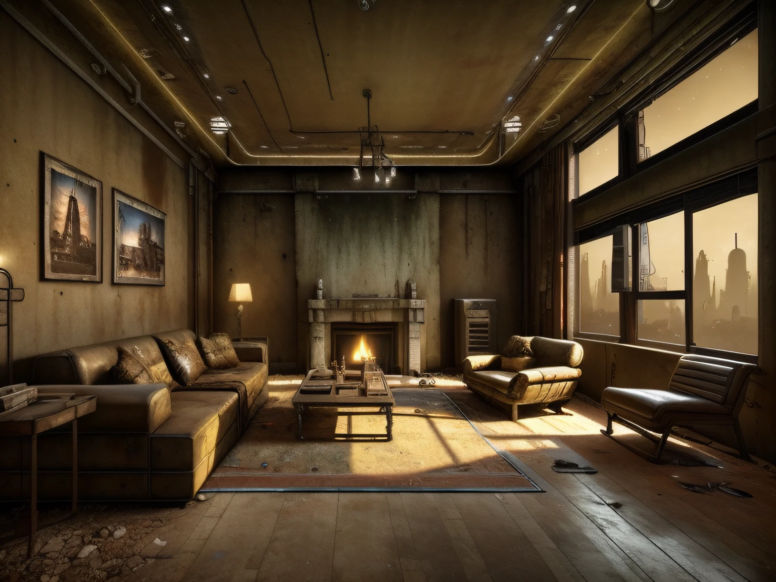 retinas, masutepiece, ccurate, Super Detail, Super Detail, high details, High quality, awardwinning, Best Quality, hight resolution,realistic CG,There is a living room with a lot of furniture and windows,High-quality photos,Midnight Living Room, Midnight time,(,Inorganic fluorescent lamps:1.3),The apocalyptic view of the naked light bulb, (post apocalyptic atmosphere:1.2), (Post-apocalyptic room interior:1.5), (Fallout concept art:1.4),Worn transceivers,Post-apocalyptic wasteland, Post-apocalyptic wasteland, post apocalyptic scene, (Apocalyptic landscape, post apocalyptic atmosphere, post apocalyptic setting, Post-apocalyptic world, Postapocalypse), post apocalyptic scenery,(Scenic dystopian environment),Realistic photo quality,Has a sense of life,(Midnight:1.4)
