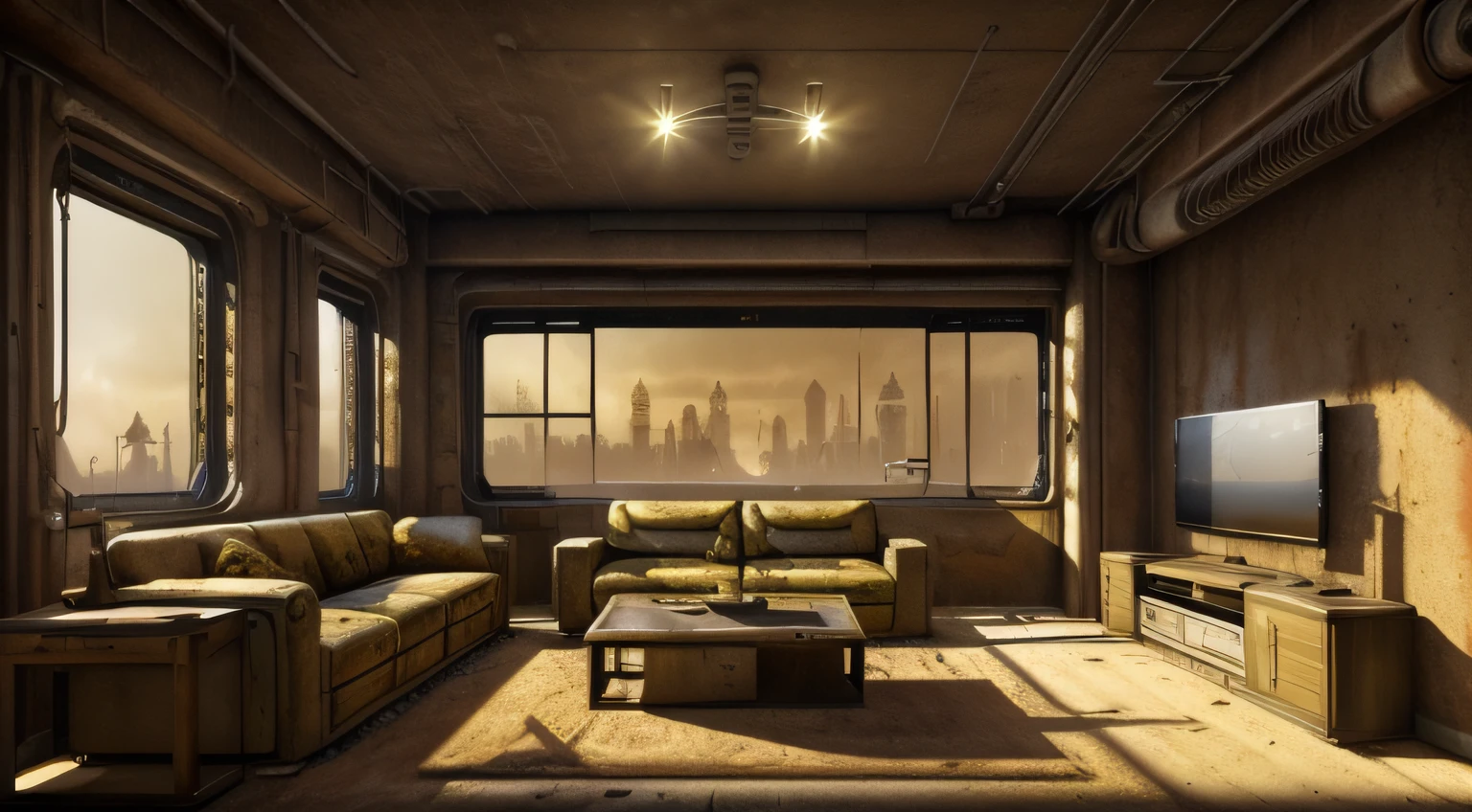 retinas, masutepiece, ccurate, Super Detail, Super Detail, high details, High quality, awardwinning, Best Quality, hight resolution,realistic CG,There is a living room with a lot of furniture and windows,High-quality photos,Midnight Living Room, Midnight time,(,Inorganic fluorescent lamps:1.3),The apocalyptic view of the naked light bulb, (post apocalyptic atmosphere:1.2), (Post-apocalyptic room interior:1.5), (Fallout concept art:1.4),Worn transceivers,Post-apocalyptic wasteland, Post-apocalyptic wasteland, post apocalyptic scene, (Apocalyptic landscape, post apocalyptic atmosphere, post apocalyptic setting, Post-apocalyptic world, Postapocalypse), post apocalyptic scenery,(Scenic dystopian environment),Realistic photo quality,Has a sense of life,(Midnight:1.4)