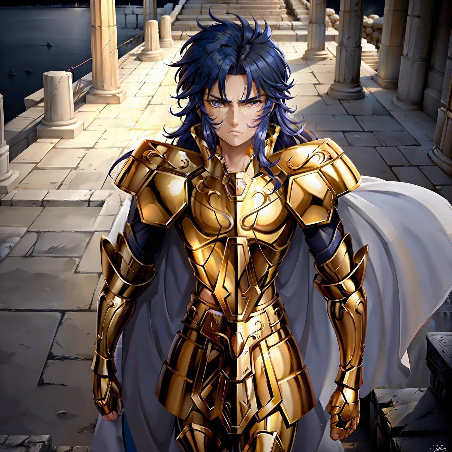 GeminiArmor, gold Rüstung, Henry Cavil als 1boy, Rüstung, Dramatischer Himmel, Betrachter betrachten, Rüstung, geschlossener Mund, Oberkörper, Ernst, Helm, auf der griechischen Tempelbrücke, Anime-Serie, Ganzkörper. auf den Betrachter zugehend, Stiefel