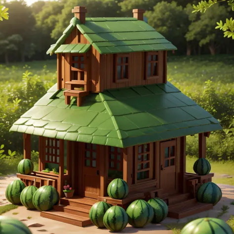 there is a fantasy house made only of watermelons, watermelon, the house is in a clearing of a bright green wood near the sea, b...
