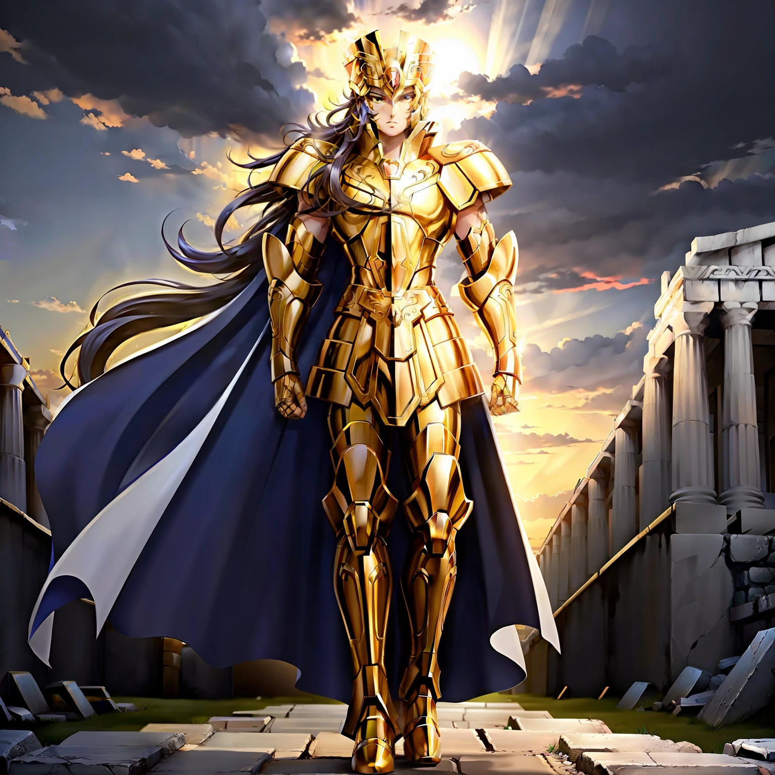 GeminiArmor, gold armor, Henry Cavil as 1boy, armor, dramatic sky, looking at viewer, armor, closed mouth, upper body, serious, helmet, on greek temple bridge, anime, full-body. walking  towards the viewer, boots