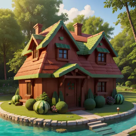 there is a fantasy house made only of watermelons, watermelon, the house is in a clearing of a bright green wood near the sea, b...