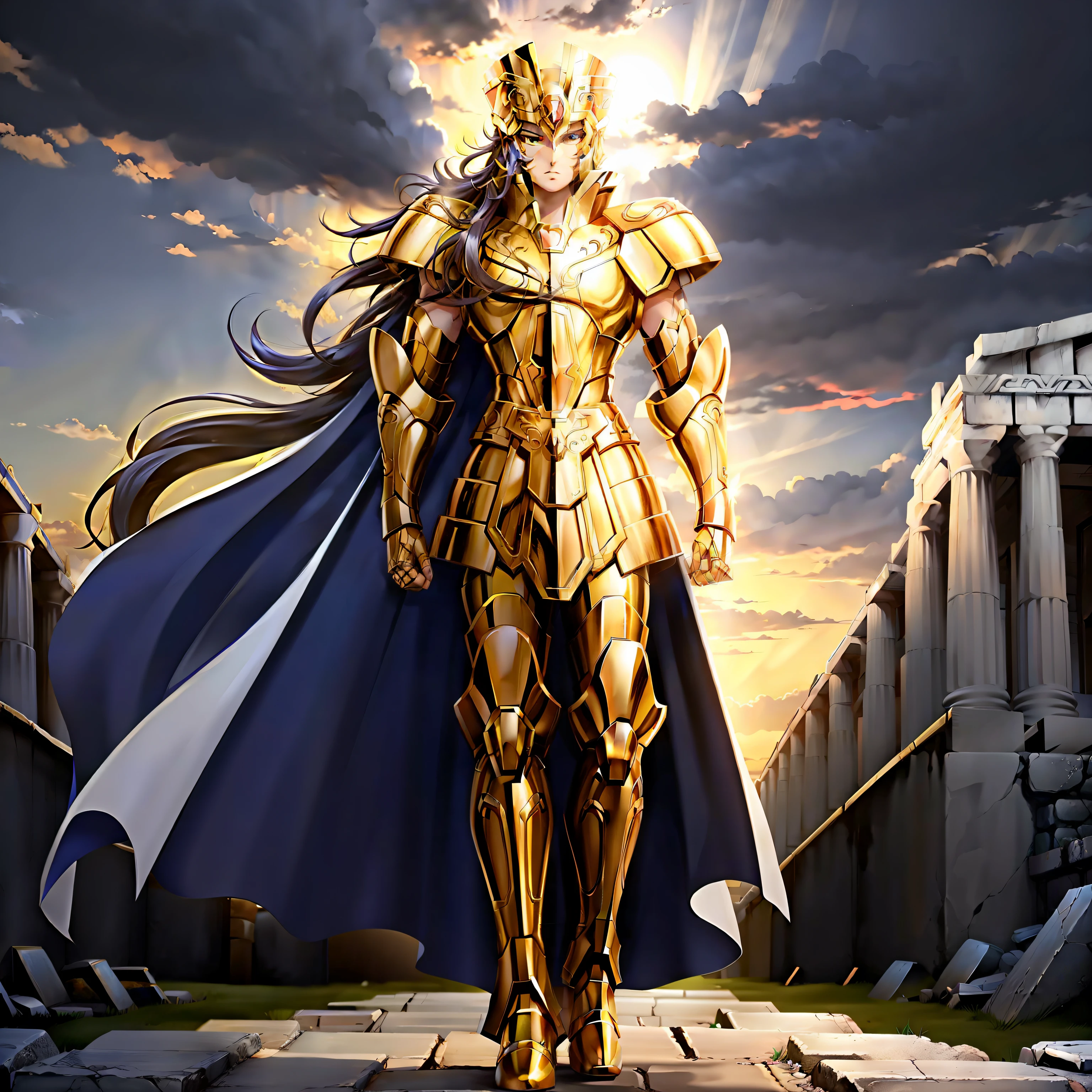 GeminiArmor, gold Rüstung, Henry Cavil als 1boy, Rüstung, Dramatischer Himmel, Betrachter betrachten, Rüstung, geschlossener Mund, Oberkörper, Ernst, Helm, auf der griechischen Tempelbrücke, Anime-Serie, Ganzkörper. auf den Betrachter zugehend, Stiefel