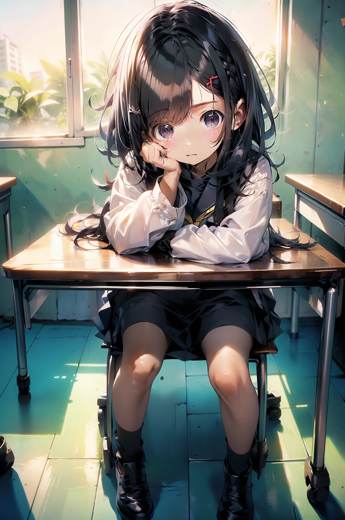 1mais menina sentada na mesa da sala de aula ( linda garota com longos cabelos pretos de 16 anos)
