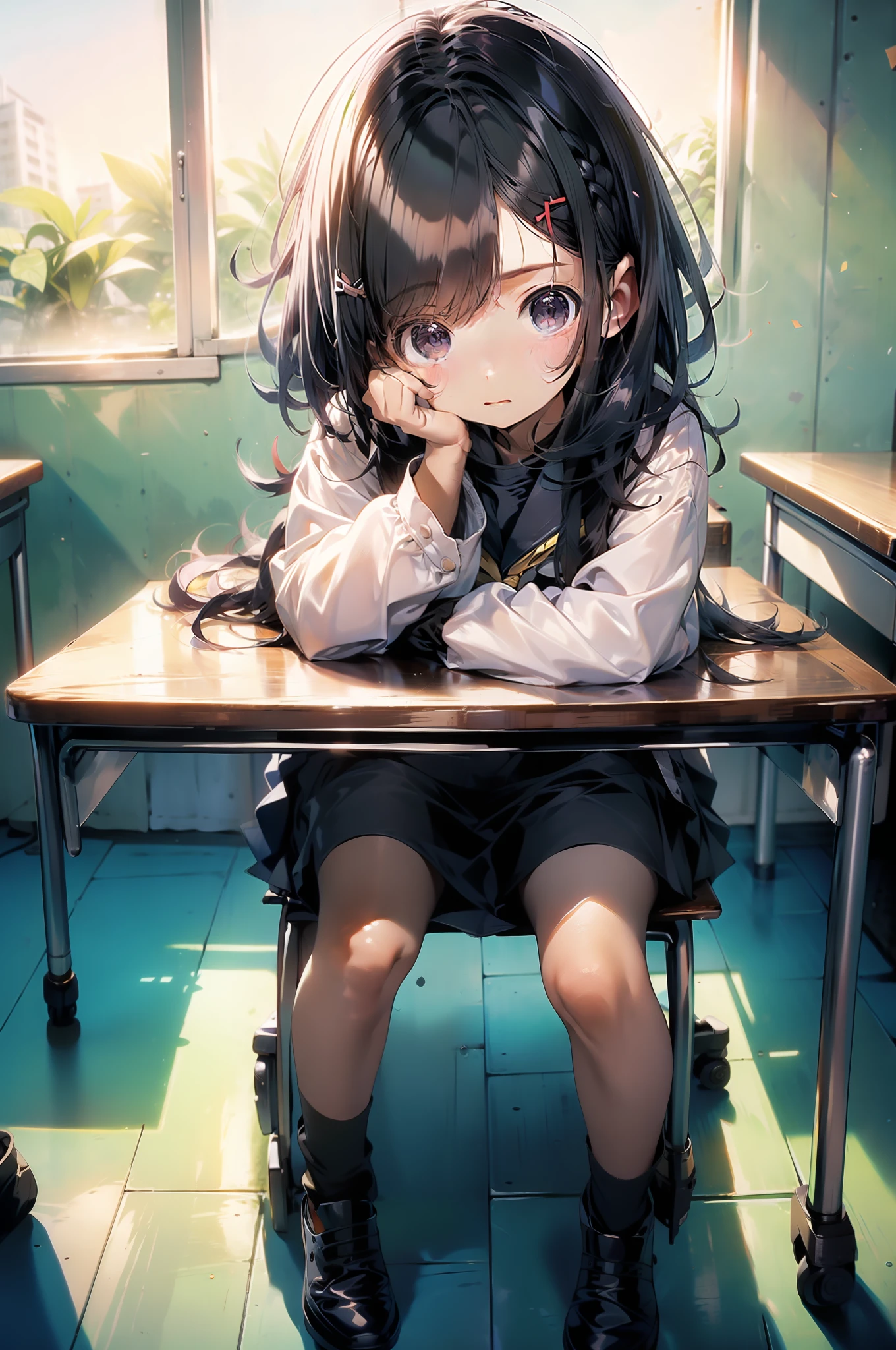 1 more girl sitting at the class table ( beautiful cute girl with long black hair age 16)