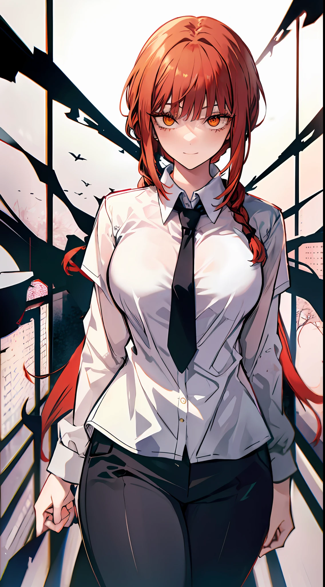 top-quality,​masterpiece,Masterpiece,8K,One woman,1girl,solo,without background,Pure white background,Red hair,1 braid,Orange Eyes,Spiral pupil,Bullish smile,ridicule,Scary eyes,White shirt,Black tie,White shirt,Black suit pants,is standing,Walking posture,(full bodyesbian),Depiction from head to foot,