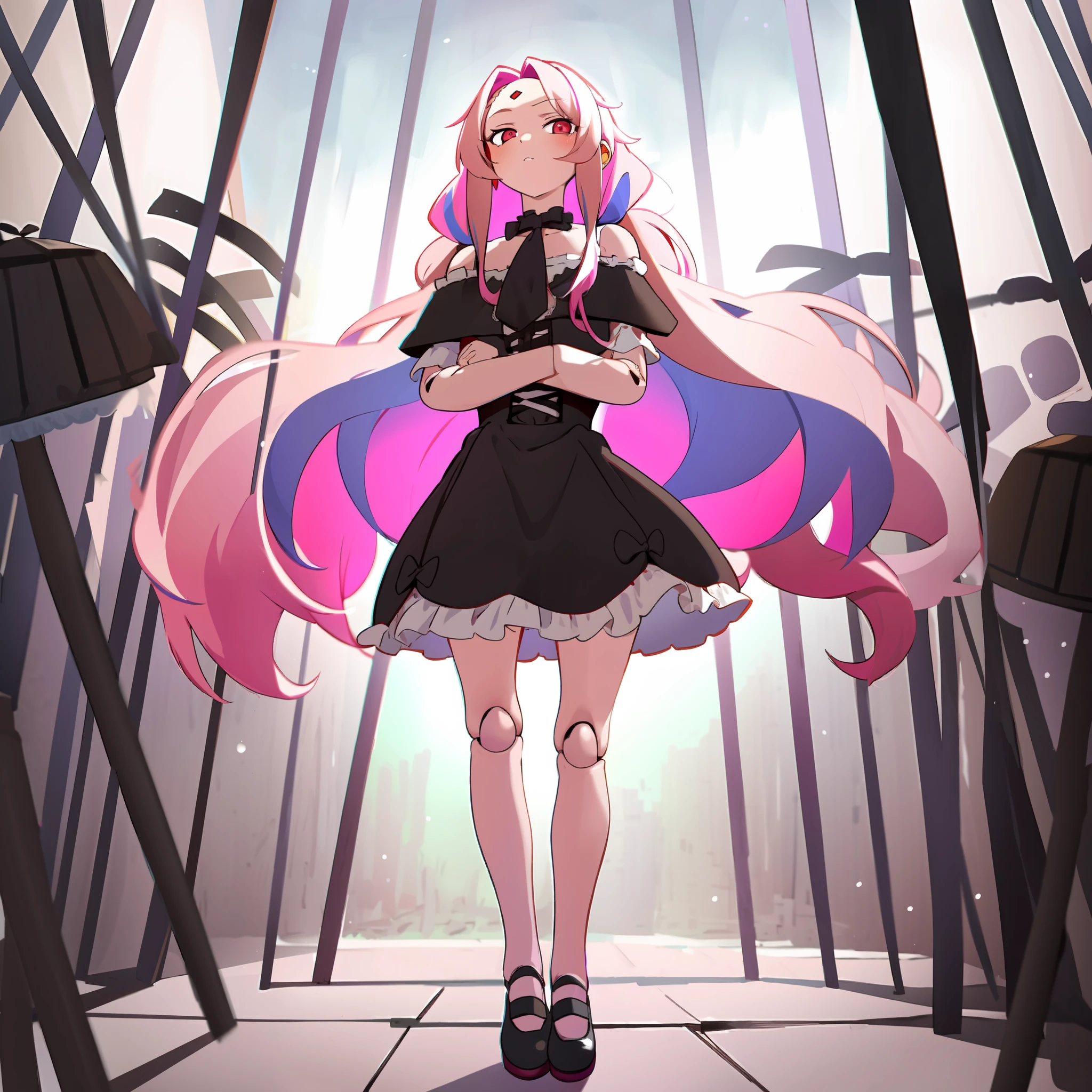 masterpiece, (best quality:1.3), sharp focus, absurdres, ++, 1girl, solo, fantasy, light purple hair, very long hair, curly hair, french braid, single sidelock, forehead, red eyes, pink eyes, multicolored eyes, small chest, flat chest, loli, victorian dress, black dress, black corset, neckwear, off-shoulder dress, frills, dollgirl, doll joints, ++, standing, crossed arms, tsundere, walking, looking at viewer, dungeon background, cold, neutral