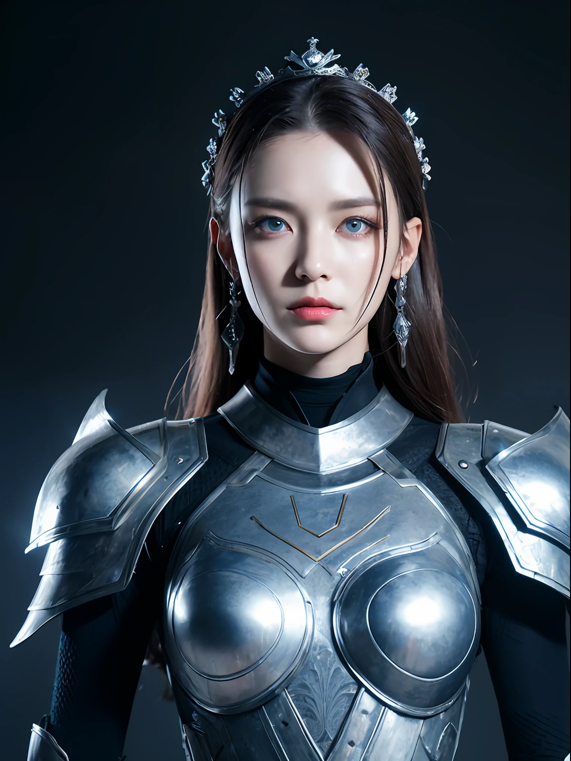 Masterpiece, Best quality, high resolution, 8K, Portrait, Realistic photo,（ Combine clothing with Korean fashion design），Digital photography, full bodyesbian, 1 16-year-old girl, (Cyborg), Beautiful blue-gray gradient long hair, Blue eyes, Intricate, elegant, Highly detailed, The crown of evil, Black dress, ,Silver metal exoskeleton armor, Intricate knightly hollow armor,power armour, Openwork design, mechanical structure, Photo pose, Solemn,, Red lips, From the movie《Final Fantasy XV》.Metallic texture, oc rendered，Reflective texture, ((Clothing cutting)), ((Set against the backdrop of the castle and the huge Moster))